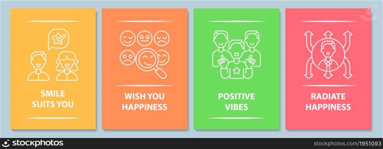 Happy and positive messages postcard with linear glyph icon set. Greeting card with decorative vector design. Simple style poster with creative lineart illustration. Flyer with holiday wish pack. Happy and positive messages postcard with linear glyph icon set