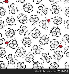 Happy and sad comics faces background with seamless pattern of cute cartoon characters pulling funny faces. May be use as comics theme or scrapbook page backdrop design. Funny comics faces seamless pattern background
