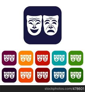 Happy and sad mask icons set vector illustration in flat style in colors red, blue, green, and other. Happy and sad mask icons set
