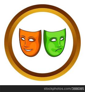 Happy and sad mask vector icon in golden circle, cartoon style isolated on white background. Happy and sad mask vector icon