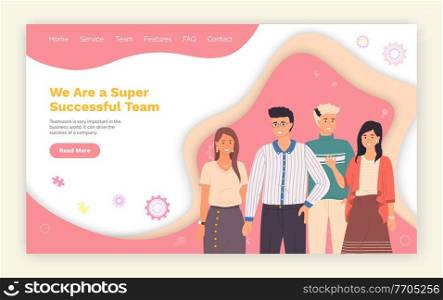 Happy and successful businesspeople. Landing page template Super successful team, business concept in teamwork and corporation. Smiling young people man and woman, the collective of a company. Happy and successful businesspeople. Landing page template Super successful team, teamwork concept