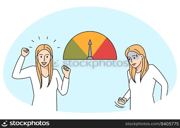 Happy and unhappy woman next to stress level scale measurement. Relaxed and distressed female suffer from burnout. Emotion control concept. Vector illustration.. Emotional woman next to stress scale
