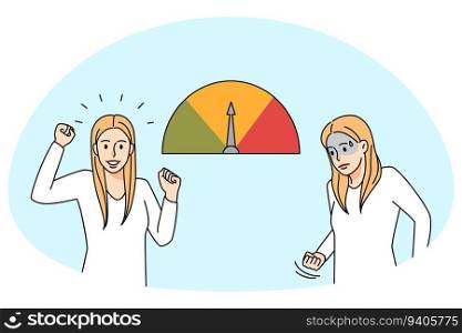 Happy and unhappy woman next to stress level scale measurement. Relaxed and distressed female suffer from burnout. Emotion control concept. Vector illustration.. Emotional woman next to stress scale