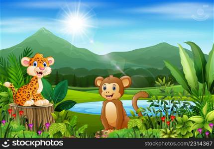 Happy animals and beautiful natural scenery with mountains