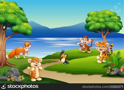 Happy animals cartoon on the nature scene