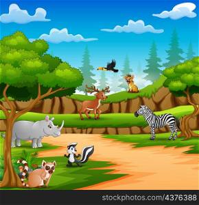 Happy animals cartoon on the nature scene