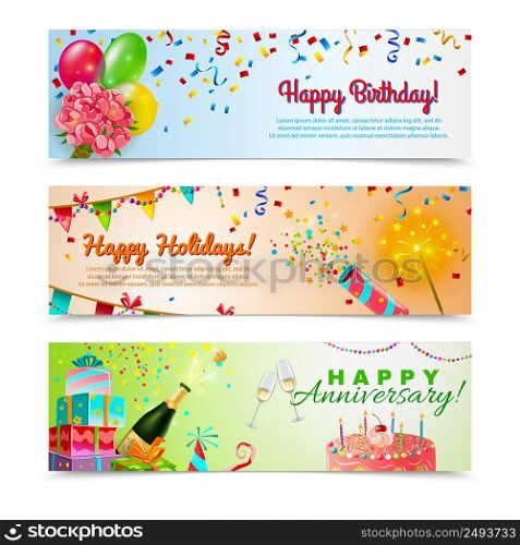 Happy anniversary birthday party celebration in holidays season 3 horizontal festive colorful decorative banners abstract vector illustration. Happy birthday anniversary celebration banners set