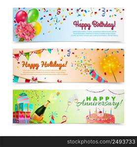 Happy anniversary birthday party celebration in holidays season 3 horizontal festive colorful decorative banners abstract vector illustration. Happy birthday anniversary celebration banners set