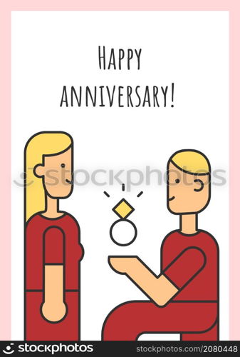 Happy anniversary greeting card with color icon element. Wedding proposal. Loving couple. Postcard vector design. Decorative flyer with creative illustration. Notecard with congratulatory message. Happy anniversary greeting card with color icon element