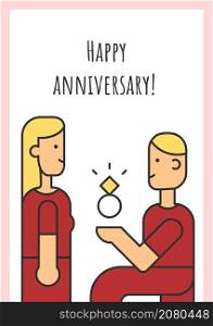Happy anniversary greeting card with color icon element. Wedding proposal. Loving couple. Postcard vector design. Decorative flyer with creative illustration. Notecard with congratulatory message. Happy anniversary greeting card with color icon element