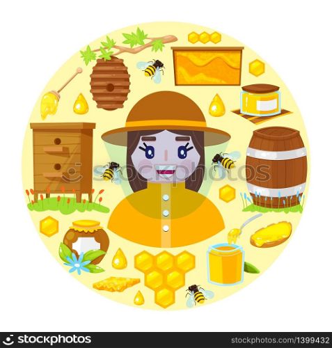 Happy apiarist in protective clothes and with different objects of beekeeping. Apiary theme. Vector illustration.