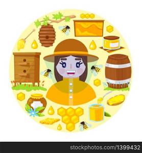 Happy apiarist in protective clothes and with different objects of beekeeping. Apiary theme. Vector illustration.