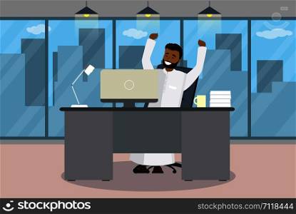 Happy arab businessman is sitting at a table in modern office,concept of success,Flat vector illustration. Happy arab businessman is sitting at a table in modern office