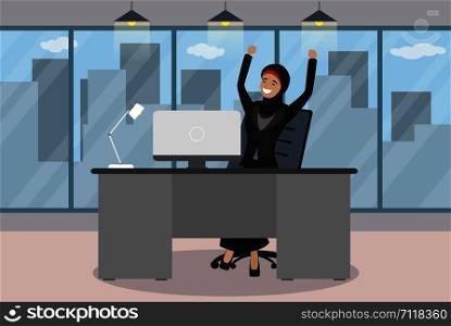 Happy arab businesswoman is sitting at a table in modern office,concept of success,Flat vector illustration. Happy arab businesswoman is sitting at a table in modern office