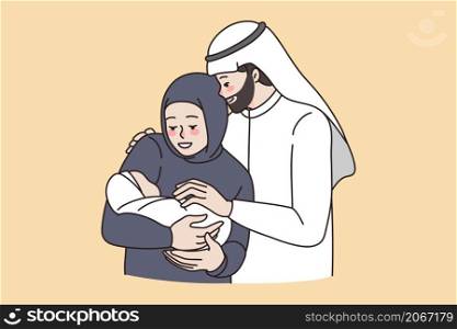 Happy Arabian family meet newborn baby. Smiling Muslim father and mother with little infant child. Arabic couple with small kid. Parenthood concept. Culture diversity. Flat vector illustration. . Happy Arabic family with newborn baby
