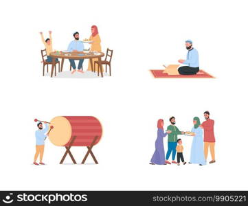 Happy arabian people on ramadan flat color vector faceless character. Muslim tradition. Religious holiday celebration isolated cartoon illustration for web graphic design and animation. Happy arabian people on ramadan flat color vector faceless character