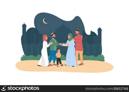 Happy arabian people on religious holiday 2D vector web banner, poster. Muslim families exchanging food flat characters on cartoon background. Indian culture printable patch, colorful web element. Happy arabian people on religious holiday 2D vector web banner, poster