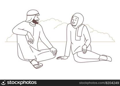 Happy Arabic couple sitting in park talking. Smiling arab man and woman have conversation outdoors. Vector illustration. . Happy Arabic couple talking outdoors