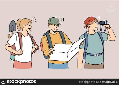 Happy archeologists with tools and map ready for treasure or historic artifact hunting. Smiling diverse researchers or historians with archeological equipment. Flat vector illustration. . Smiling archeologists with map searching for artifacts