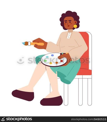 Happy artist holding paintbrush semi flat color vector character. Editable full body african american woman sitting on white. Simple cartoon spot illustration for web graphic design. Happy artist holding paintbrush semi flat color vector character