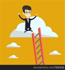 Happy asian business man sitting on a cloud with ledder. Successful business man relaxing on a cloud. Cheerful business man with rised hands on a cloud. Vector flat design illustration. Square layout.. Happy business man sitting on the cloud.