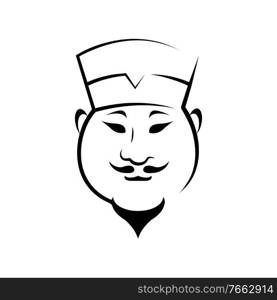 Happy asian chef outline vector illustration. Japanese chef, cooker in hat ink pen sketch. Chinese gourmet freehand drawing. Sushi restaurant logo. Eastern cuisine, culinary line art design element. Happy asian chef outline vector illustration