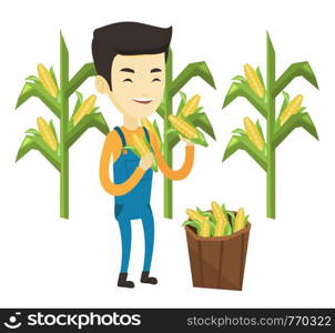 Happy asian farmer holding corn cob on the background of corn field. Farmer collecting corn. Young farmer standing near basket with corn. Vector flat design illustration isolated on white background.. Farmer collecting corn vector illustration.