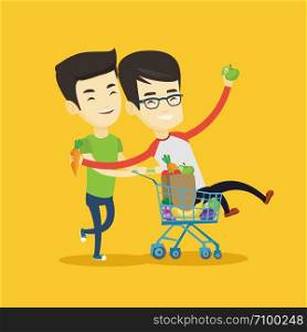 Happy asian friends pushing a shopping trolley with his friend. Couple of young carefree friends having fun while riding by shopping trolley. Vector flat design illustration. Square layout.. Couple of friends riding by shopping trolley.