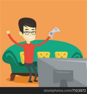 Happy asian gamer playing video game. An excited young man with console in hands playing video game at home. Man celebrating his victory in video game. Vector flat design illustration. Square layout.. Man playing video game vector illustration.