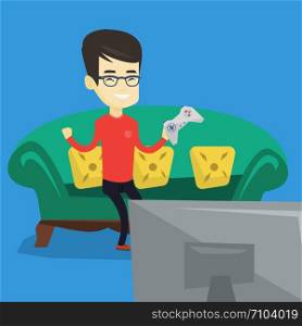 Happy asian gamer playing video game. Excited young man with console in hands playing video game at home. Man celebrating his victory in video game. Vector flat design illustration. Square layout.. Man playing video game vector illustration.