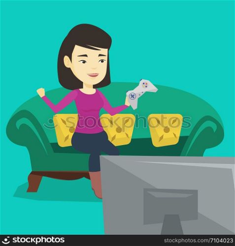 Happy asian gamer playing video game. Excited young woman with console in hands playing video game at home. Woman celebrating her victory in video game. Vector flat design illustration. Square layout.. Woman playing video game vector illustration.