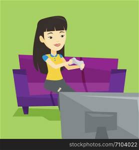 Happy asian gamer sitting on a sofa and playing video game on the television. An excited young man with console in hands playing video game at home. Vector flat design illustration. Square layout.. Woman playing video game vector illustration.