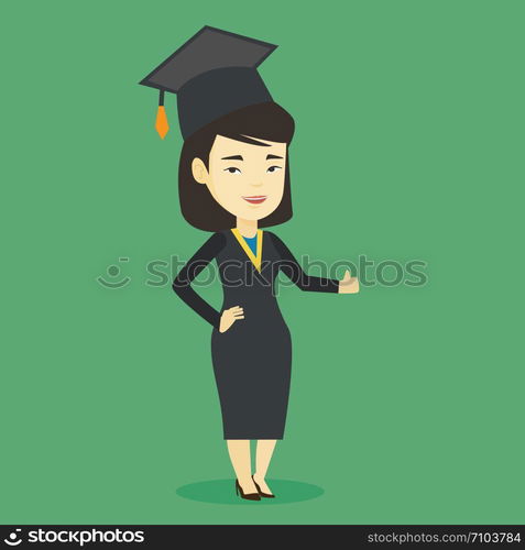 Happy asian graduate in cloak and graduation cap. Successful graduate giving thumb up. Joyful graduate celebrating graduation. Concept of education. Vector flat design illustration. Square layout.. Graduate giving thumb up vector illustration.