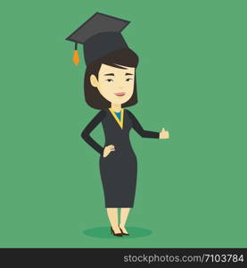 Happy asian graduate in cloak and graduation cap. Successful graduate giving thumb up. Joyful graduate celebrating graduation. Concept of education. Vector flat design illustration. Square layout.. Graduate giving thumb up vector illustration.