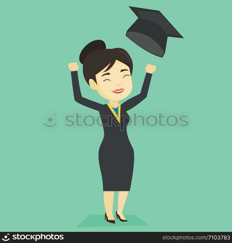 Happy asian graduate throwing up her hat. Excited graduate in cloak and graduation hat. Cheerful graduate with hands raised celebrating graduation. Vector flat design illustration. Square layout.. Graduate throwing up graduation hat.