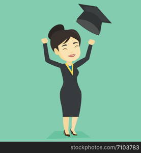 Happy asian graduate throwing up her hat. Excited graduate in cloak and graduation hat. Cheerful graduate with hands raised celebrating graduation. Vector flat design illustration. Square layout.. Graduate throwing up graduation hat.