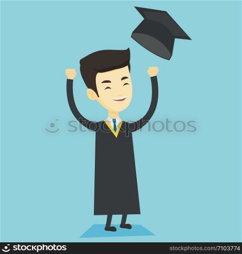 Happy asian graduate throwing up his hat. Excited graduate in cloak and graduation hat. Cheerful graduate with hands raised celebrating graduation. Vector flat design illustration. Square layout.. Graduate throwing up graduation hat.