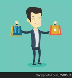Happy asian man carrying shopping bags. Smiling man holding shopping bags. Man standing with a lot of shopping bags. Guy showing his purchases. Vector flat design illustration. Square layout.. Happy man holding shopping bags.