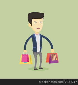 Happy asian man carrying shopping bags. Young smiling man holding shopping bags. Man standing with a lot of shopping bags. Vector flat design illustration. Square layout.. Happy man with shopping bags vector illustration