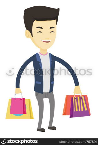 Happy asian man carrying shopping bags. Young smiling man holding shopping bags. Man standing with a lot of shopping bags. Vector flat design illustration isolated on white background.. Happy man with shopping bags vector illustration