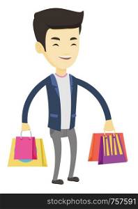 Happy asian man carrying shopping bags. Young smiling man holding shopping bags. Man standing with a lot of shopping bags. Vector flat design illustration isolated on white background.. Happy man with shopping bags vector illustration