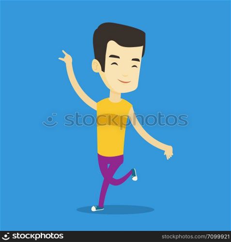 Happy asian man dancing. Cheerful man dancer with arm raised in motion. Smiling man during dance workout. Young sporty guy doing dance moves. Vector flat design illustration. Square layout.. Cheerful asian man dancer dancing.