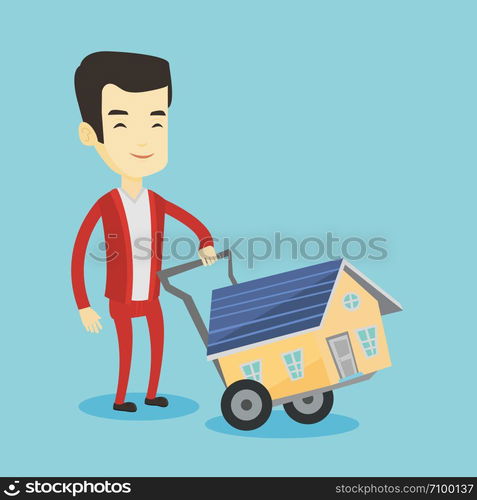 Happy asian man pushing a shopping trolley with a house. Young smiling man buying new house. Man using shopping trolley to transport a small house. Vector flat design illustration. Square layout.. Young man buying house vector illustration.