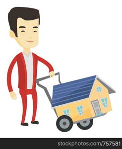 Happy asian man pushing a shopping trolley with a house. Young man buying new house. Man using shopping trolley to transport a small house. Vector flat design illustration isolated on white background. Young man buying house vector illustration.