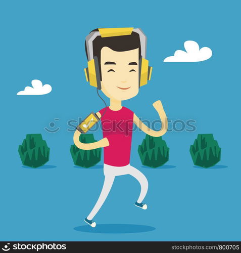 Happy asian man running with earphones and armband for smartphone. Young man using armband for smartphone to listen to music while running in the park. Vector flat design illustration. Square layout.. Man running with earphones and smartphone.