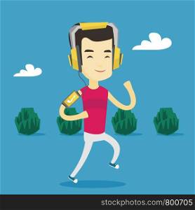 Happy asian man running with earphones and armband for smartphone. Young man using armband for smartphone to listen to music while running in the park. Vector flat design illustration. Square layout.. Man running with earphones and smartphone.