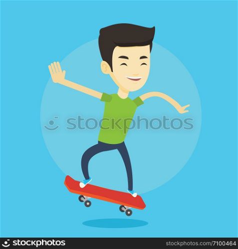 Happy asian man skateboarding. Smiling man riding a skateboard. Young skater riding a skateboard. Man jumping with skateboard. Vector flat design illustration. Square layout.. Man riding skateboard vector illustration.