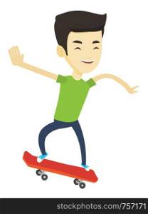 Happy asian man skateboarding. Smiling man riding a skateboard. Young skater riding a skateboard. Man jumping with skateboard. Vector flat design illustration isolated on white background.. Man riding skateboard vector illustration.