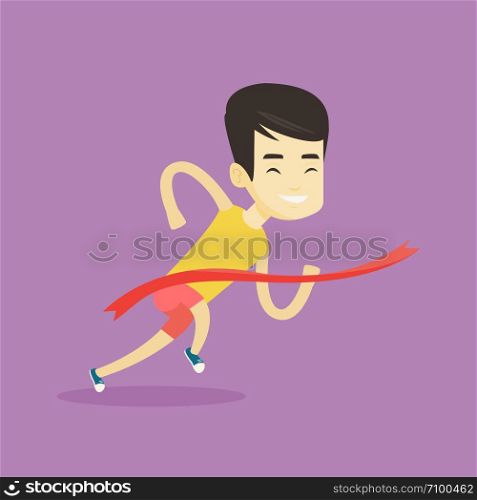 Happy asian sportsman running through the finish line. Young cheerful winner crossing the finish line. Sprinter breaking the finish line. Vector flat design illustration. Square layout.. Athlete crossing finish line vector illustration.