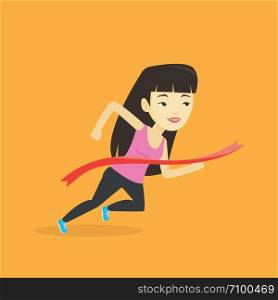 Happy asian sportswoman running through the finish line. Young cheerful winner crossing the finish line. Sprinter breaking the finish line. Vector flat design illustration. Square layout.. Athlete crossing finish line vector illustration.